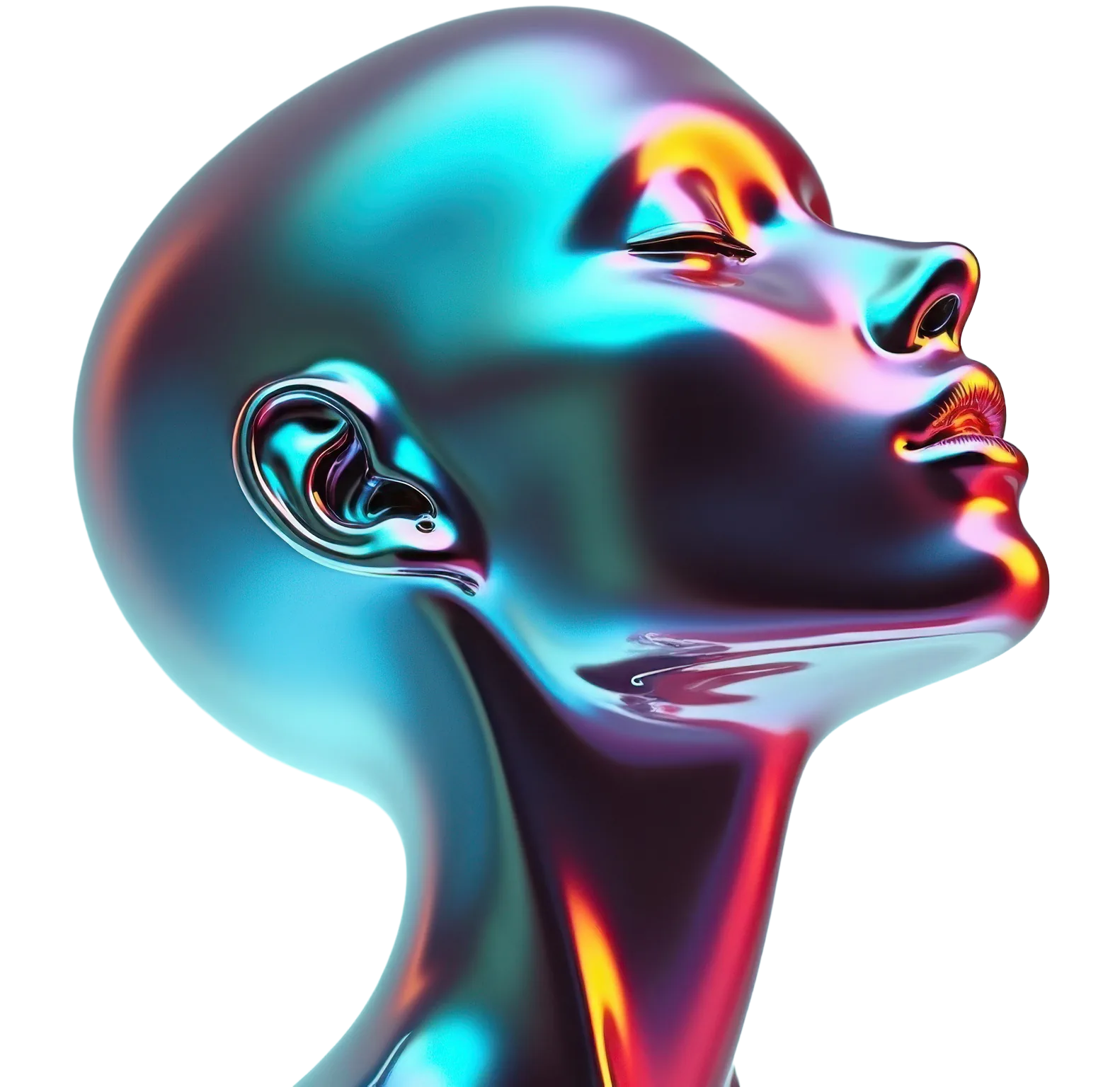 Iridescent chrome 3D face in profile, signature visual of the Chrome Intelligence deck template