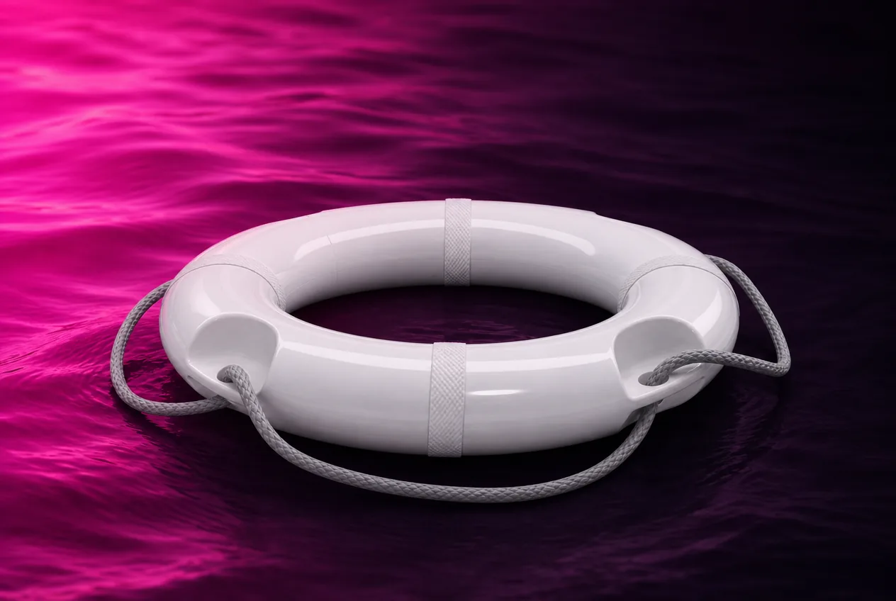 White life buoy floating on fuchsia water, cover visual of the Unsinkable keynote deck for Uberflip